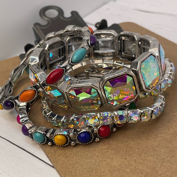 Set of 5 stackable bracelets in shimmering crystal and multi colored gems - Picture 6 of 16